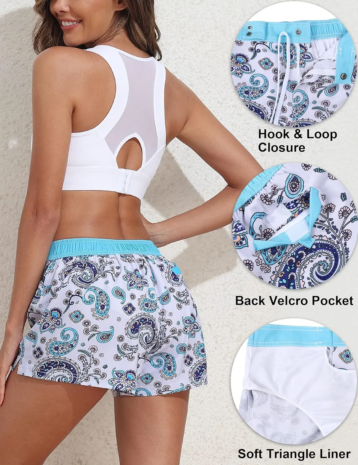 Rocorose Women's Board Shorts Quick Dry Elastic Waist Swim Shorts Surf Swimwear with Pocket and Liner