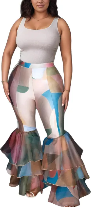 Ruffle Pants for Women Sexy Tie Dye Legging with Layered Tulle Print Bell Bottom High Waisted Fish Tail Trousers
