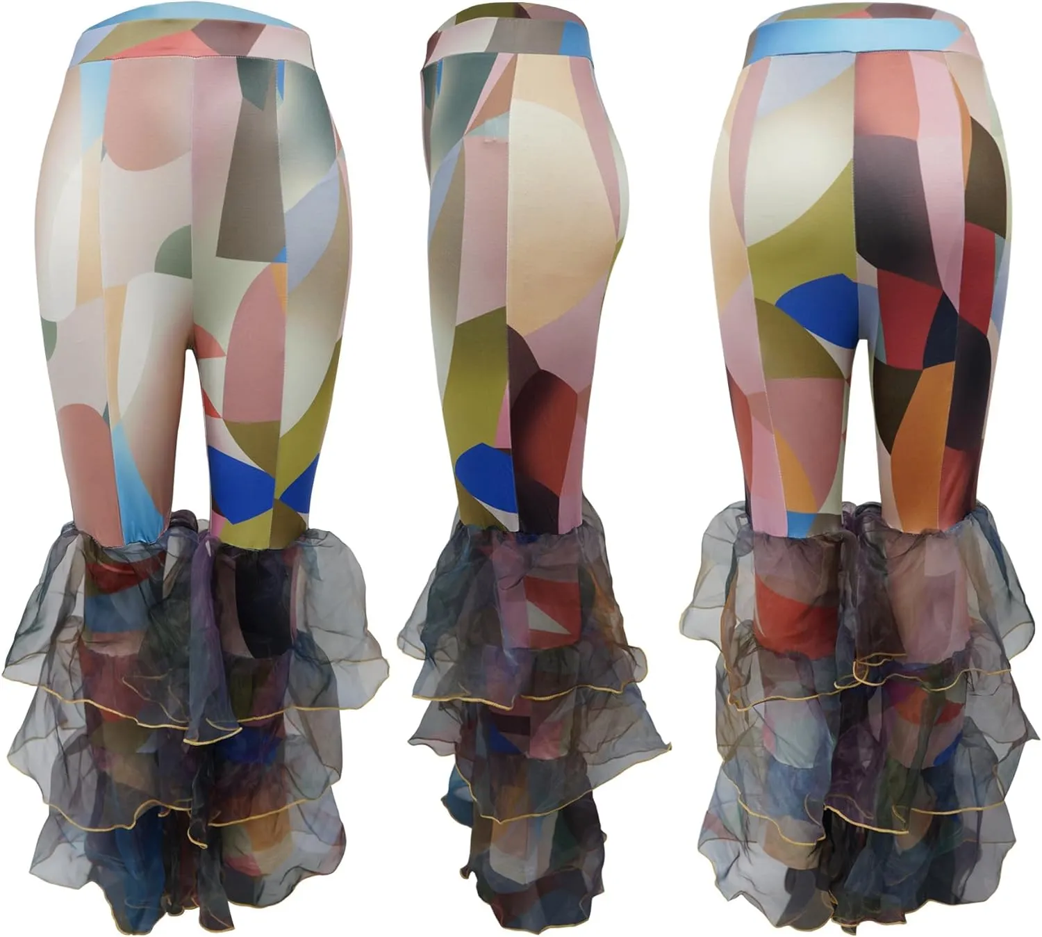 Ruffle Pants for Women Sexy Tie Dye Legging with Layered Tulle Print Bell Bottom High Waisted Fish Tail Trousers