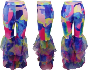 Ruffle Pants for Women Sexy Tie Dye Legging with Layered Tulle Print Bell Bottom High Waisted Fish Tail Trousers