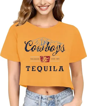 SALULAYER Cowboy Western Crop Shirt for Women Country Music Shirt Vintage Graphic Print Cowgril Rodeo Tee Country Party Tops