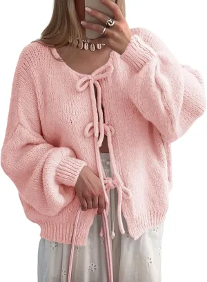 Saodimallsu Womens Tie Front Cardigan Sweaters Cute Bow Puff Long Sleeve 2024 Fall Loose Ribbed Knit Trendy Sweater Tops