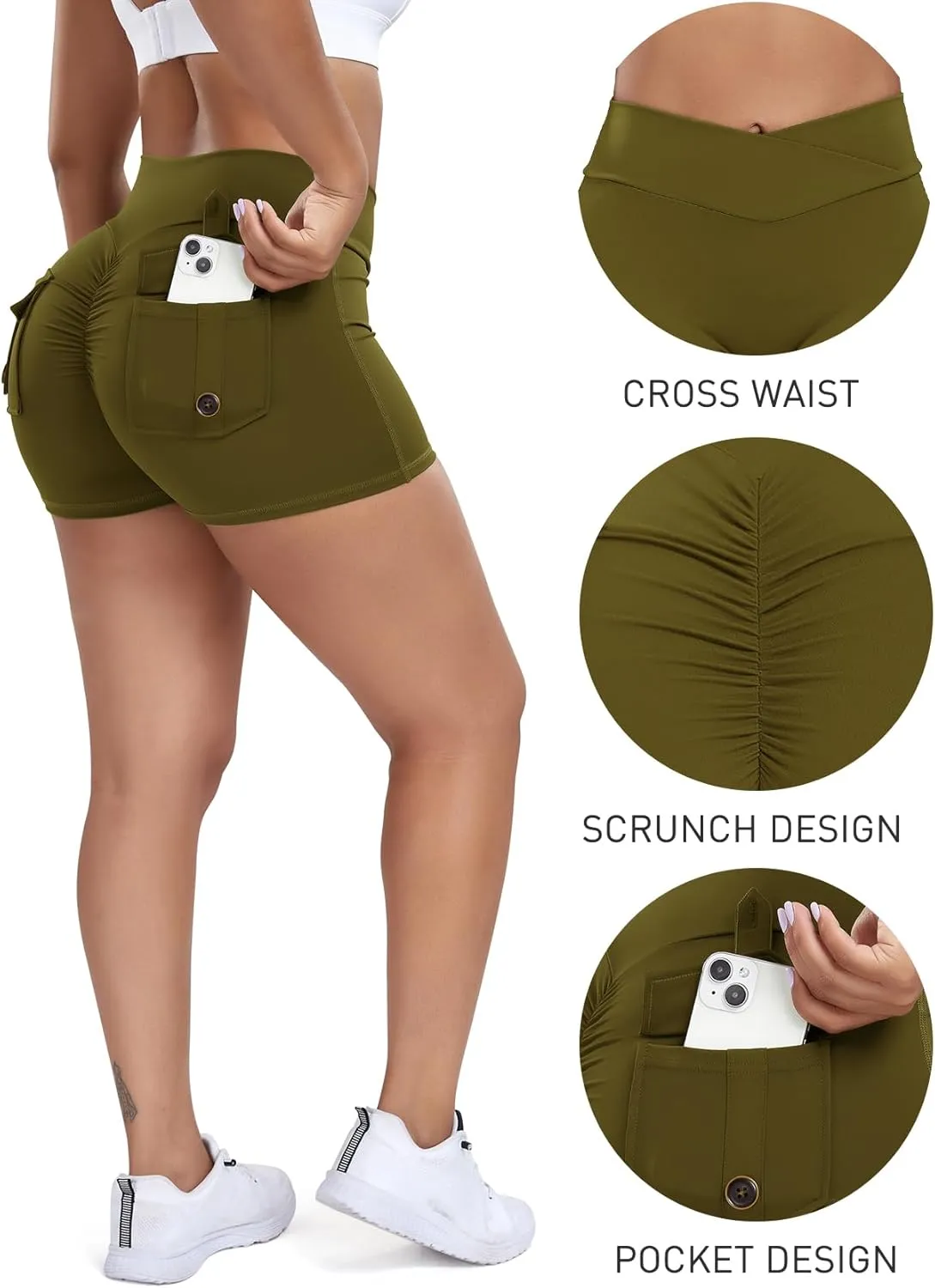 SEASUM Women Pocket Shorts Scrunch Butt Workout Cargo Shorts V Waist Yoga Booty Lifting Gym Bottom