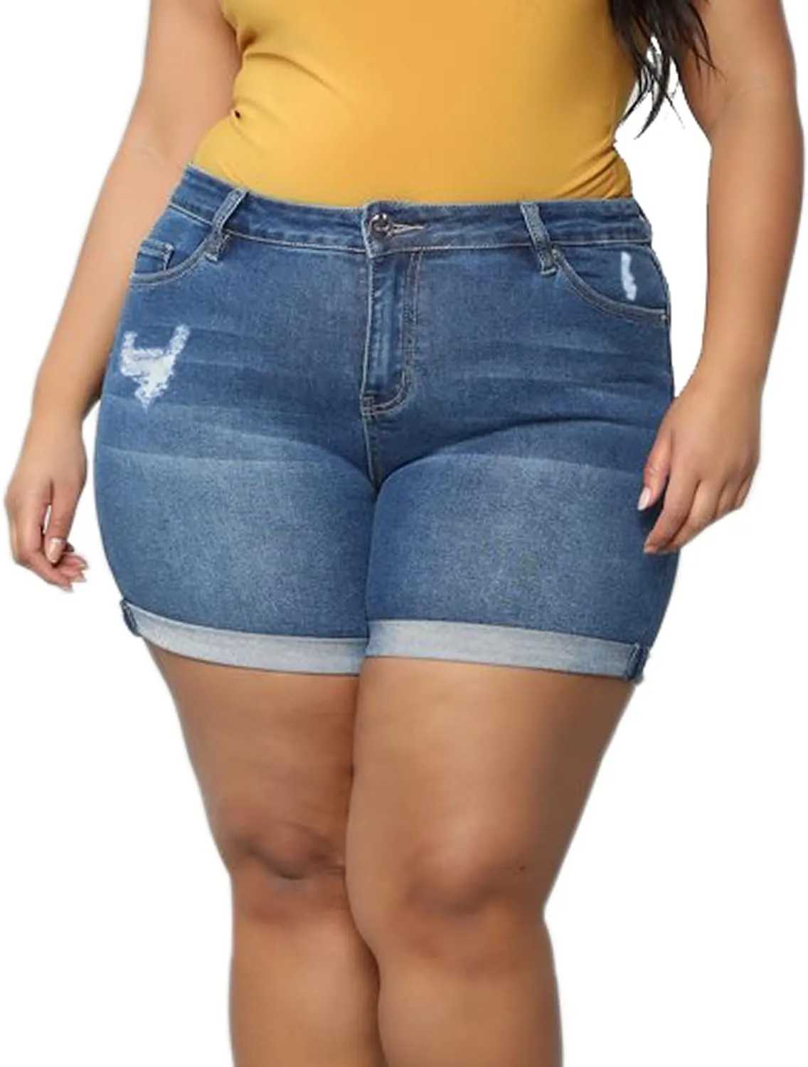Sghenr Plus Size Women's Ripped Denim Jean Shorts High Waisted Stretchy Folded Hem Short Jeans