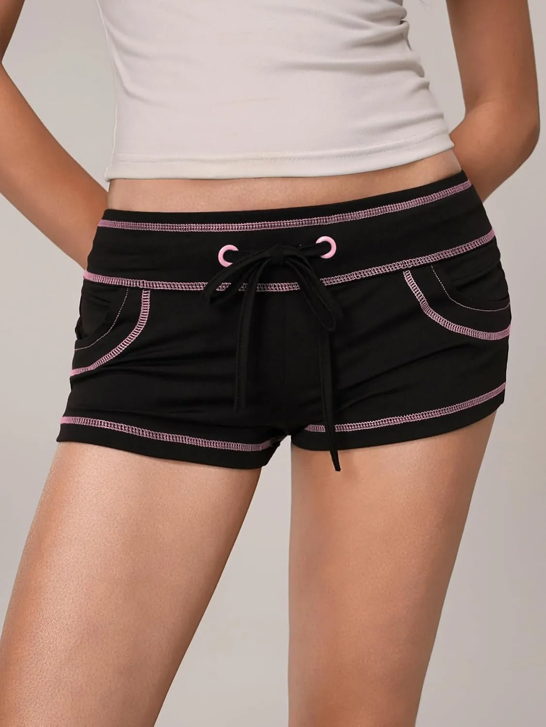 SHENHE Women's Y2k Low Rise Mini Shorts Drawstring Tie Waist Binding Trim Micro Mini Shorts