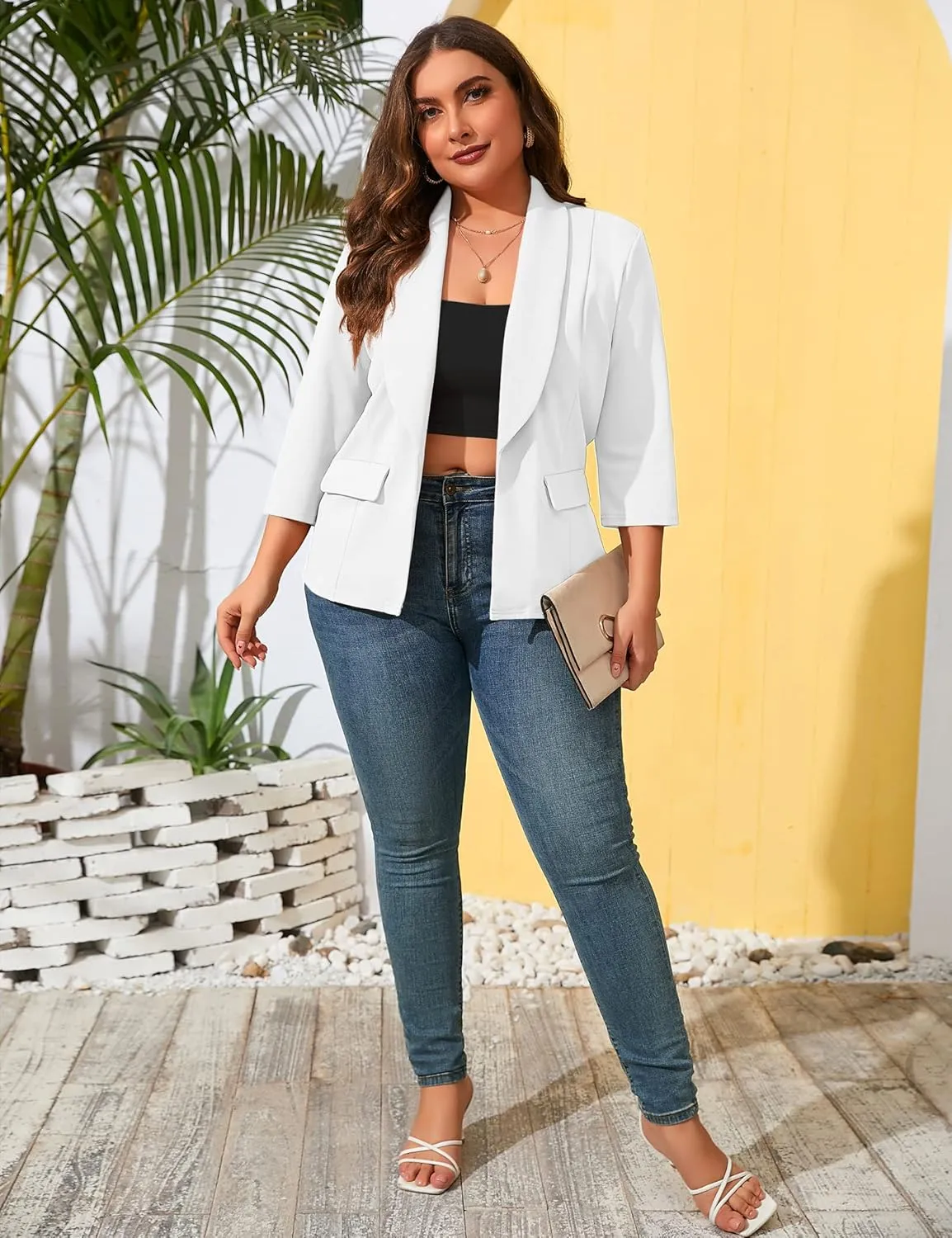 ShopWonder Womens Plus Size Casual Pocketed Blazer Office Open Front 3/4 Sleeve Cardigans Jacket Work Suit