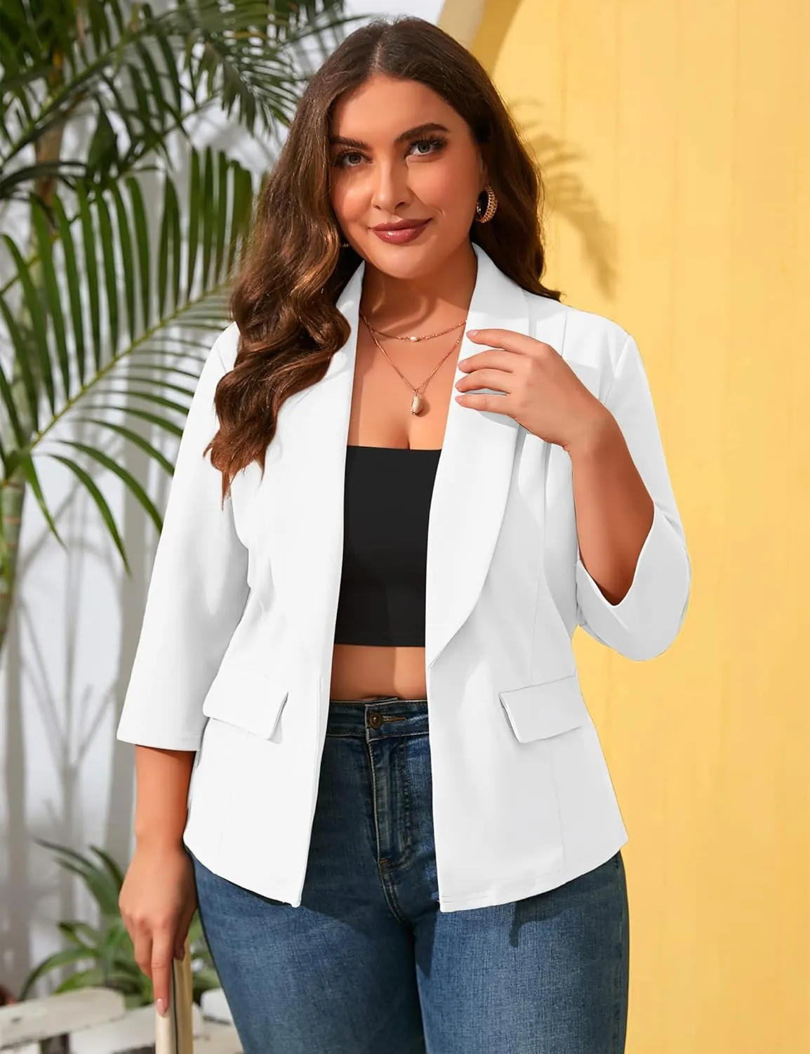 ShopWonder Womens Plus Size Casual Pocketed Blazer Office Open Front 3/4 Sleeve Cardigans Jacket Work Suit