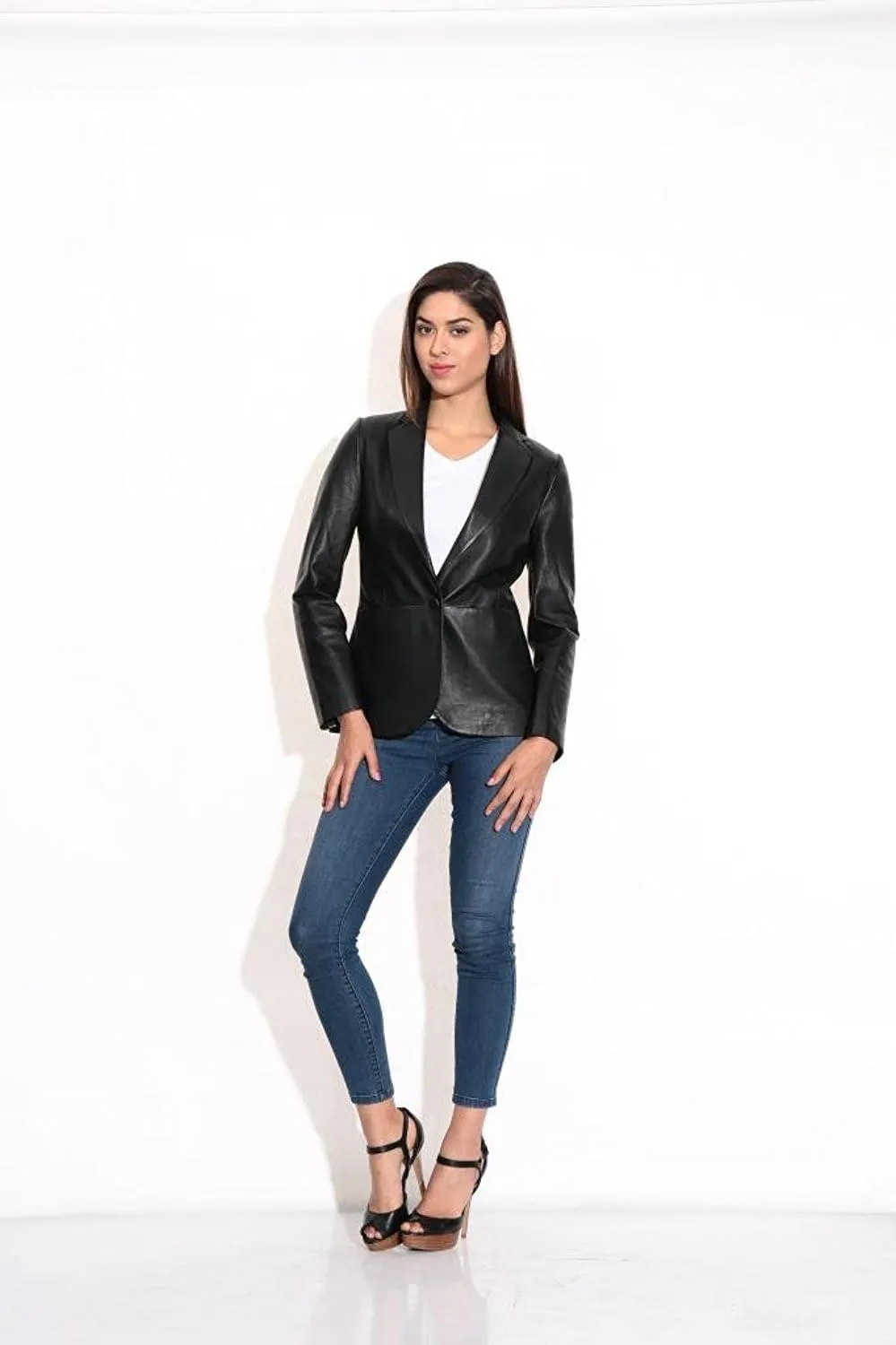 SID Genuine Lambskin Leather Black Womens Single Button Blazer with Full Sleeves Suit Style for Office Wear