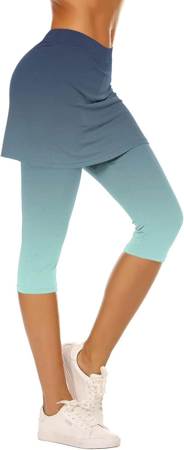 Skirted Leggings for Women Athletic Pickleball Tennis Skorts Capris Elastic Waist Workout Gym Yoga Legging with Skirt