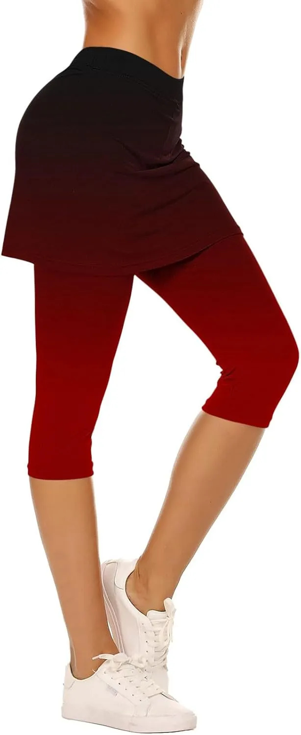 Skirted Leggings for Women Athletic Pickleball Tennis Skorts Capris Elastic Waist Workout Gym Yoga Legging with Skirt