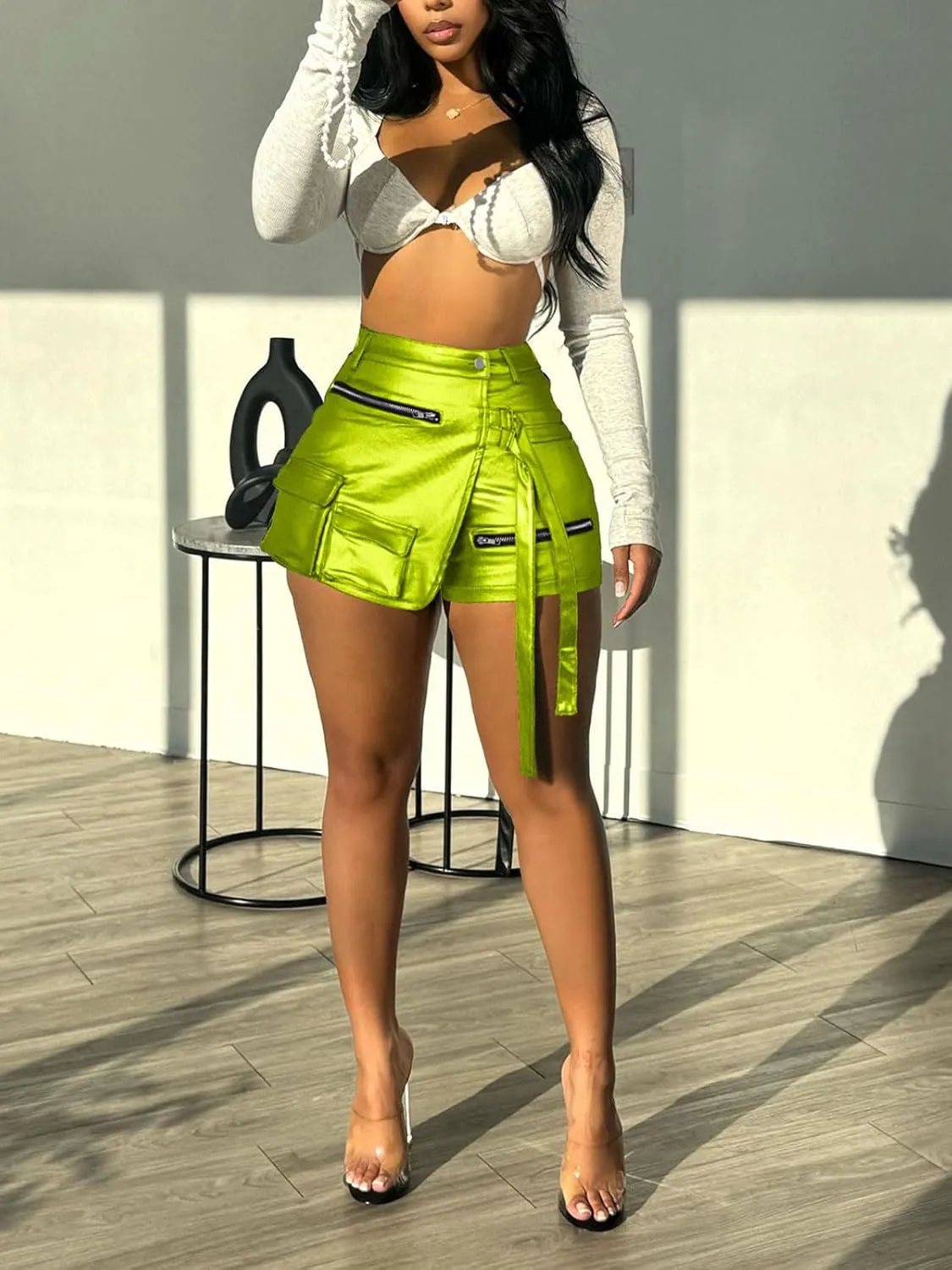 Skorts for Woman Metallic Faux Leather High Waisted Shorts Cargo Shiny Summer Sexy Asymmetrical Skirt Shorts