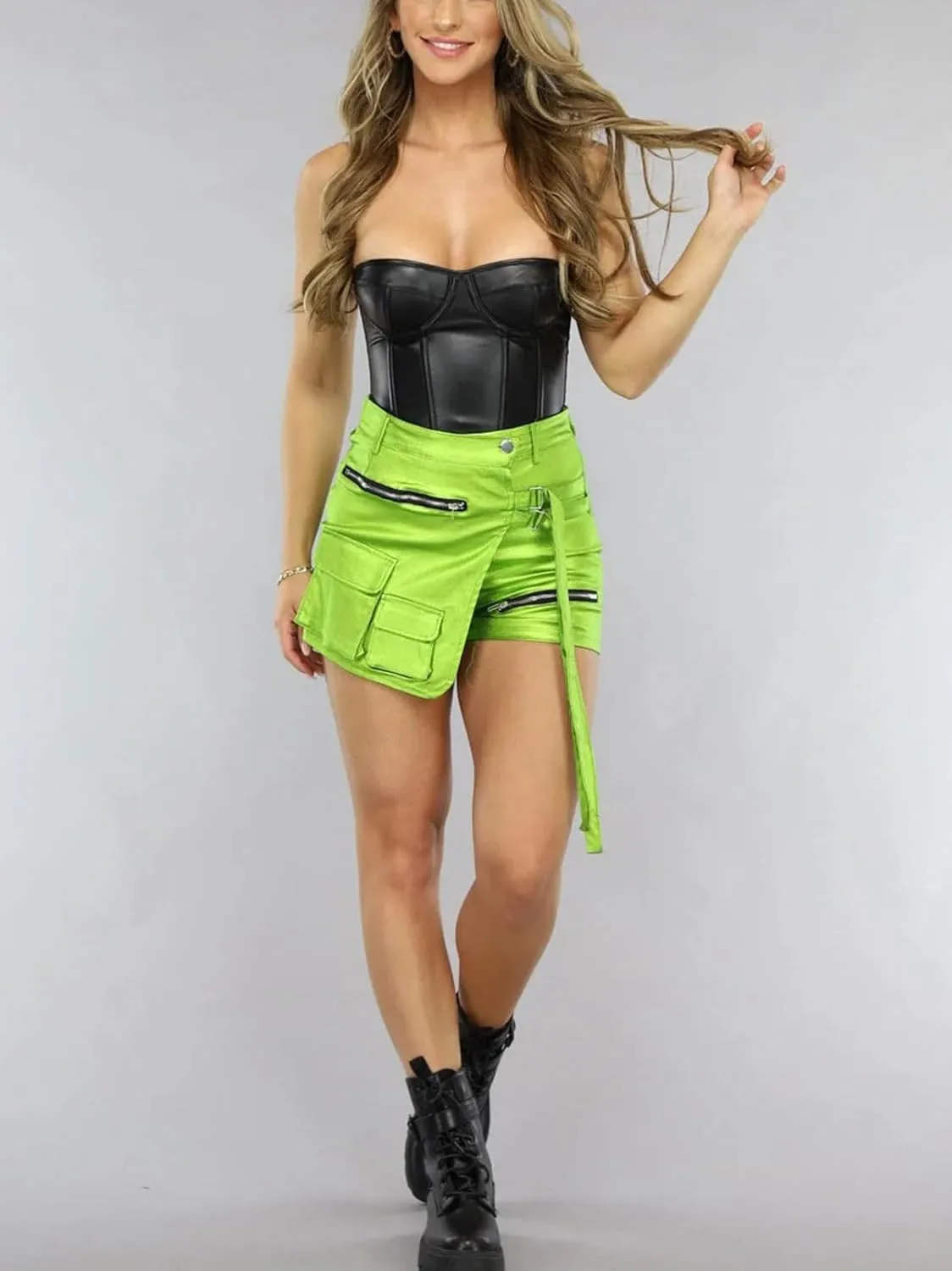 Skorts for Woman Metallic Faux Leather High Waisted Shorts Cargo Shiny Summer Sexy Asymmetrical Skirt Shorts