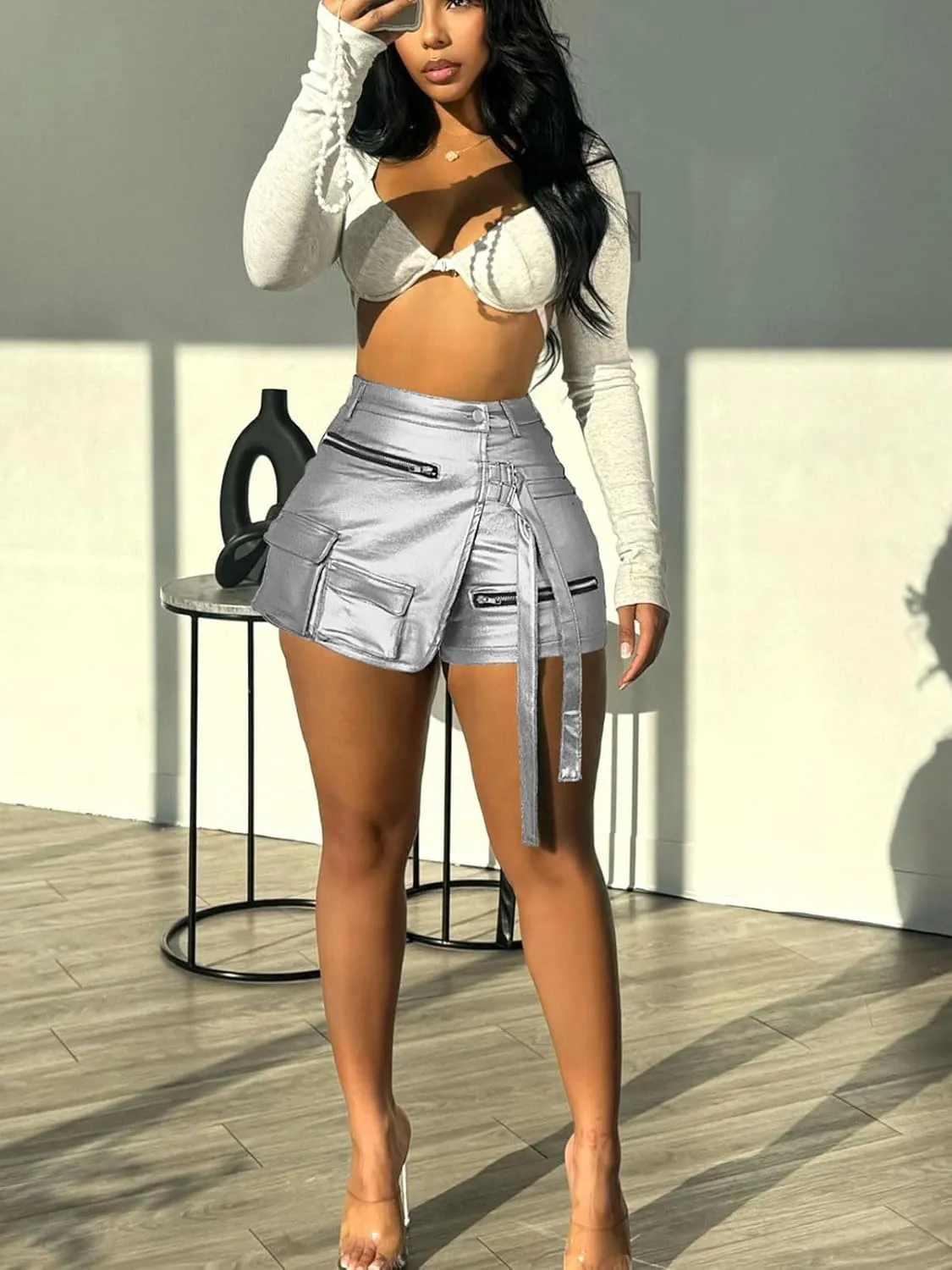Skorts for Woman Metallic Faux Leather High Waisted Shorts Cargo Shiny Summer Sexy Asymmetrical Skirt Shorts