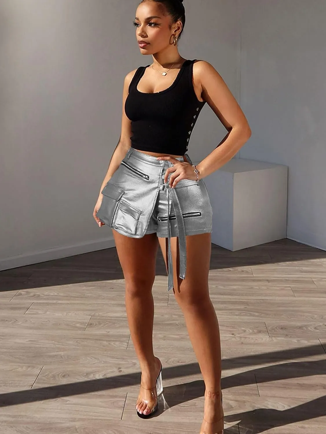 Skorts for Woman Metallic Faux Leather High Waisted Shorts Cargo Shiny Summer Sexy Asymmetrical Skirt Shorts