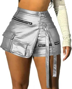 Skorts for Woman Metallic Faux Leather High Waisted Shorts Cargo Shiny Summer Sexy Asymmetrical Skirt Shorts