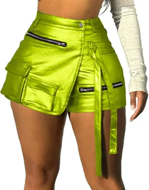 Skorts for Woman Metallic Faux Leather High Waisted Shorts Cargo Shiny Summer Sexy Asymmetrical Skirt Shorts