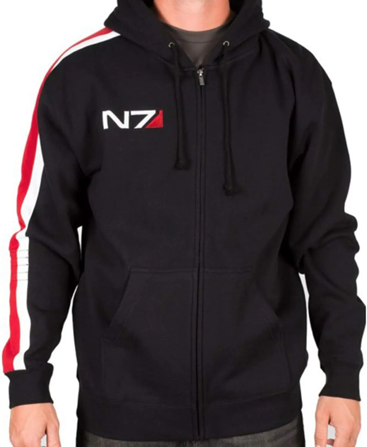 SpazeUp Mens N7 Jacket Mass 3 Commander Shepard Costume Cosplay Red Strip Black Biker N7 Hoodie