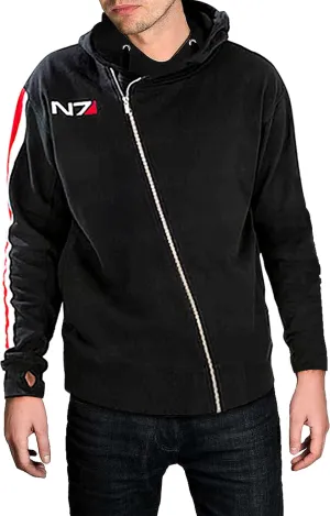 SpazeUp Mens N7 Jacket Mass 3 Commander Shepard Costume Cosplay Red Strip Black Biker N7 Hoodie