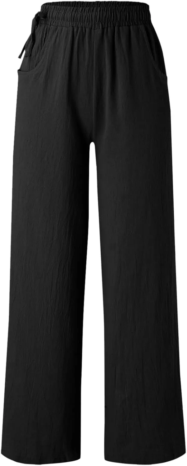 Spring Linen Pants for Women Casual Baggy Pants with Pockets Summer Comfy Wide Leg Trousers Boho Lounge Palazzo Pant
