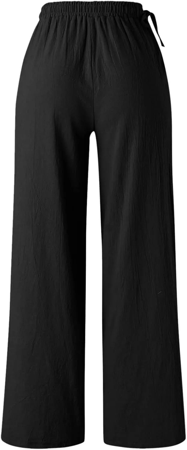 Spring Linen Pants for Women Casual Baggy Pants with Pockets Summer Comfy Wide Leg Trousers Boho Lounge Palazzo Pant