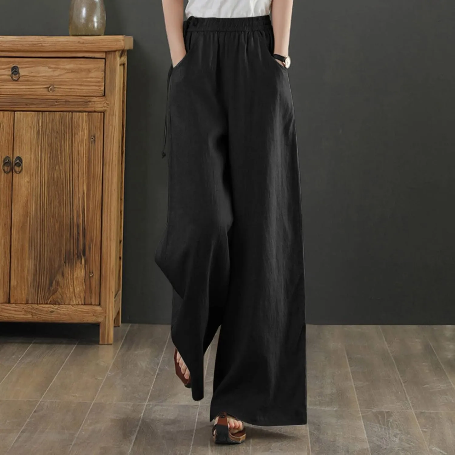Spring Linen Pants for Women Casual Baggy Pants with Pockets Summer Comfy Wide Leg Trousers Boho Lounge Palazzo Pant