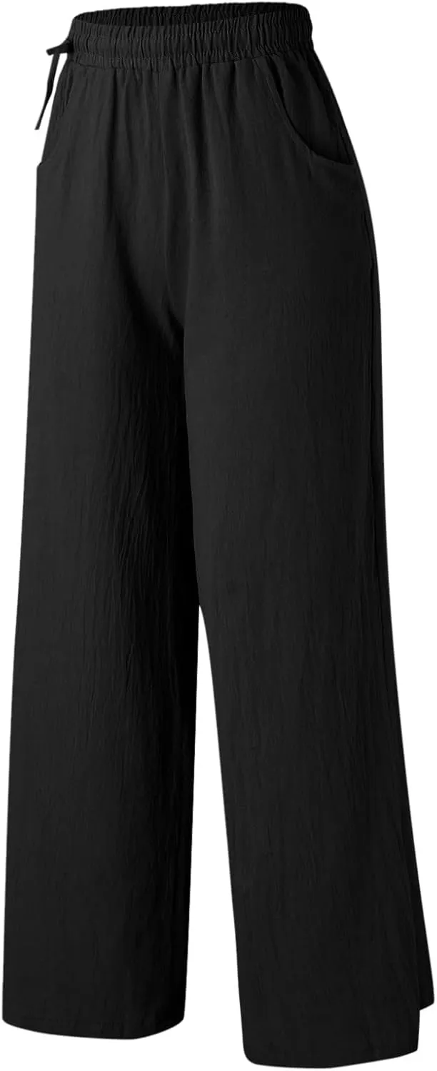 Spring Linen Pants for Women Casual Baggy Pants with Pockets Summer Comfy Wide Leg Trousers Boho Lounge Palazzo Pant