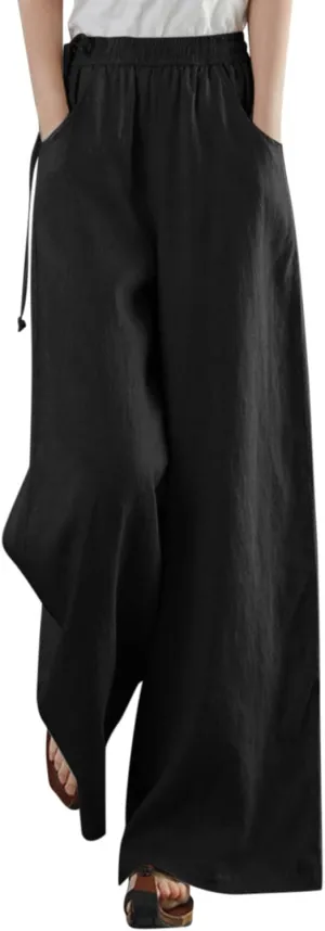 Spring Linen Pants for Women Casual Baggy Pants with Pockets Summer Comfy Wide Leg Trousers Boho Lounge Palazzo Pant