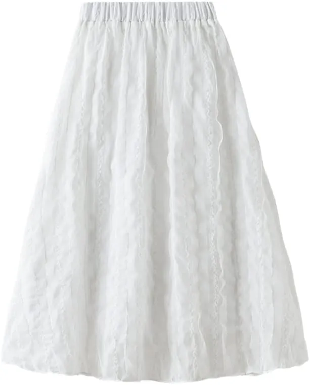 Spring Summer Midi Long Lace Tulle Skirt Women Fashion High Waist Fluffy Pleated Skirt Female