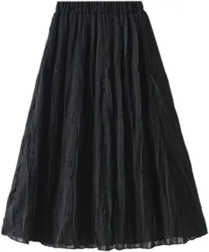 Spring Summer Midi Long Lace Tulle Skirt Women Fashion High Waist Fluffy Pleated Skirt Female