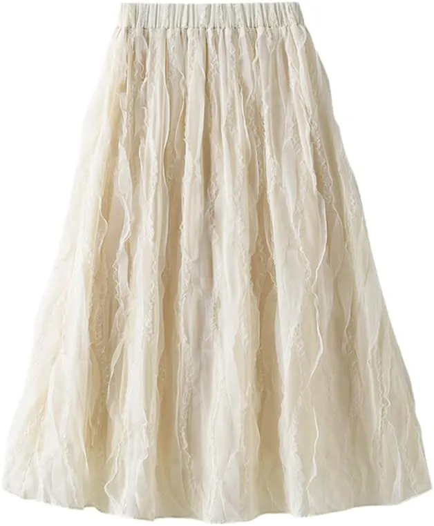 Spring Summer Midi Long Lace Tulle Skirt Women Fashion High Waist Fluffy Pleated Skirt Female