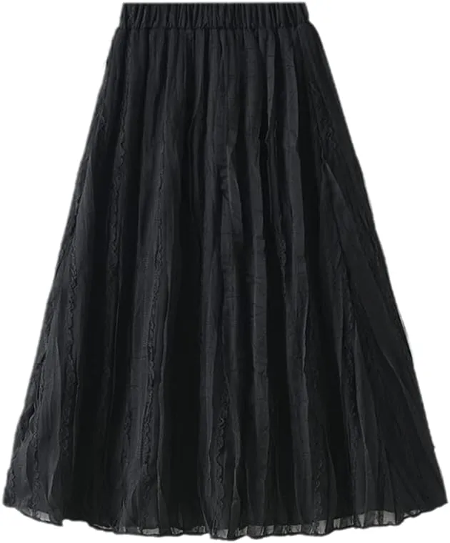 Spring Summer Midi Long Lace Tulle Skirt Women Fashion High Waist Fluffy Pleated Skirt Female