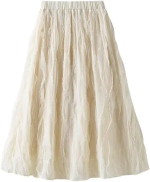 Spring Summer Midi Long Lace Tulle Skirt Women Fashion High Waist Fluffy Pleated Skirt Female