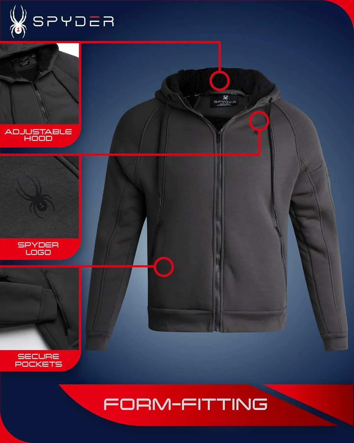 Spyder Men's Hoodie - Sherpa Lined Fleece Zip Up Jacket with ThermoWeb Insulation - Warm Outerwear Hoodies for Men (S-XXL)