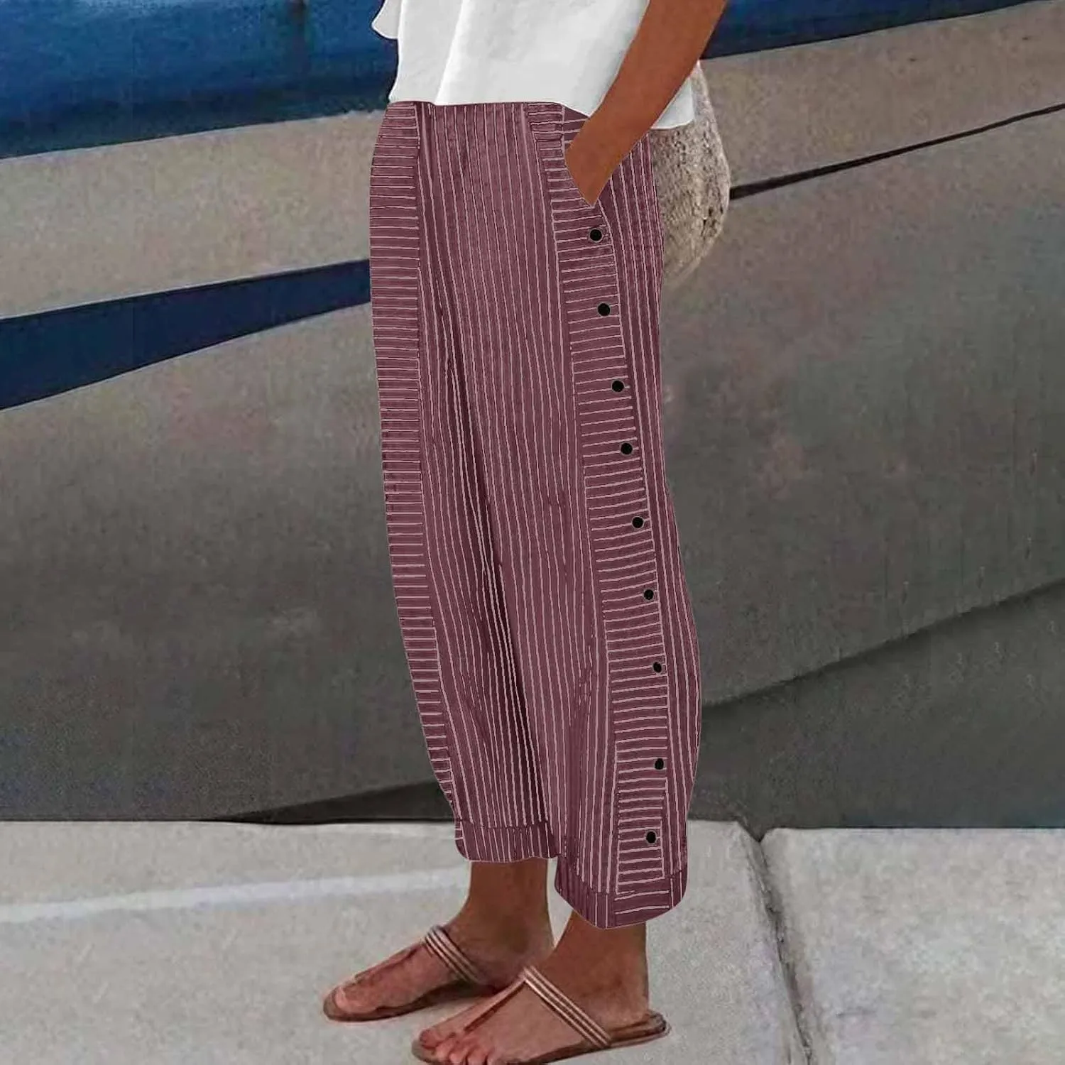 Straight Leg Linen Pants Women 2025 Trendy Side Button Striped Pants Summer Casual High Wasited Y2k Pants with Pocket