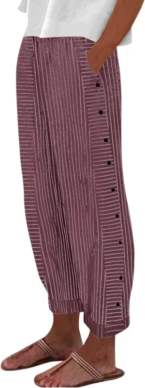Straight Leg Linen Pants Women 2025 Trendy Side Button Striped Pants Summer Casual High Wasited Y2k Pants with Pocket