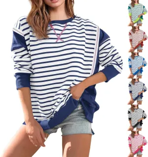 Striped Crew Neck Sweatshirts Women Cute Preppy Teen Girls Sweatshirts Comfy Y2k Fall Outfits Tops