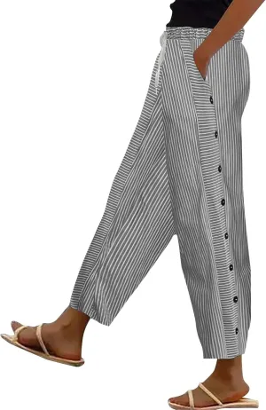 Striped Linen Pants for Women Casual Straight Leg Elastic Waist Pants Beach Side Button Summer Pants with Pockets