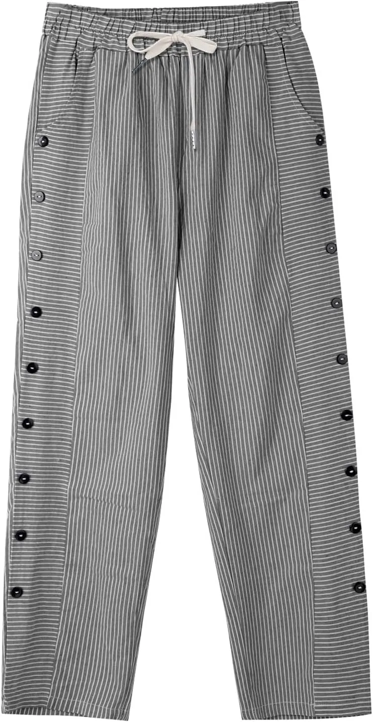 Striped Linen Pants for Women Casual Straight Leg Elastic Waist Pants Beach Side Button Summer Pants with Pockets