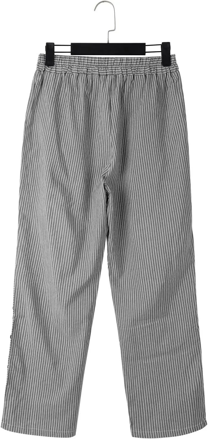 Striped Linen Pants for Women Casual Straight Leg Elastic Waist Pants Beach Side Button Summer Pants with Pockets