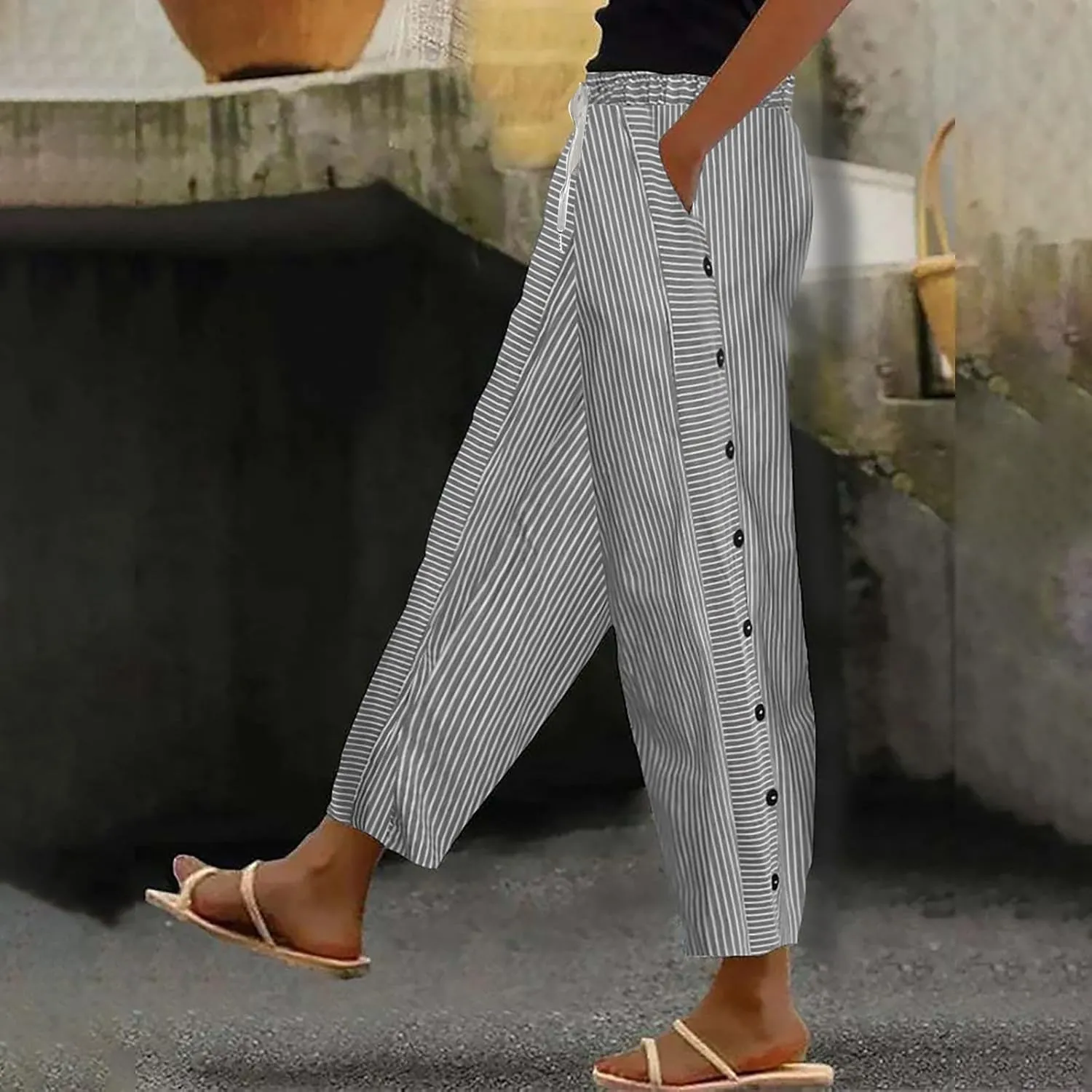 Striped Linen Pants for Women Casual Straight Leg Elastic Waist Pants Beach Side Button Summer Pants with Pockets