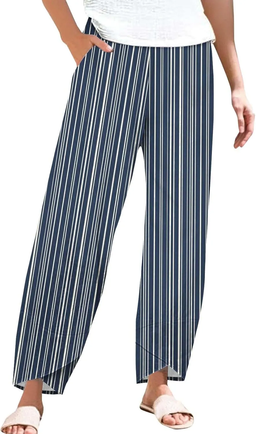 Striped Linen Pants for Women Summer Casual Straight Leg Capri Trousers Beach Relax Cropped Palazzo Pant with Pockets