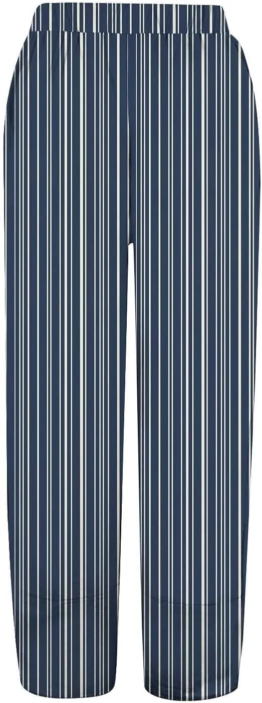 Striped Linen Pants for Women Summer Casual Straight Leg Capri Trousers Beach Relax Cropped Palazzo Pant with Pockets