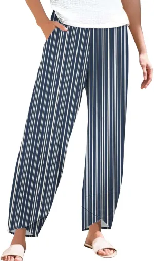 Striped Linen Pants for Women Summer Casual Straight Leg Capri Trousers Beach Relax Cropped Palazzo Pant with Pockets