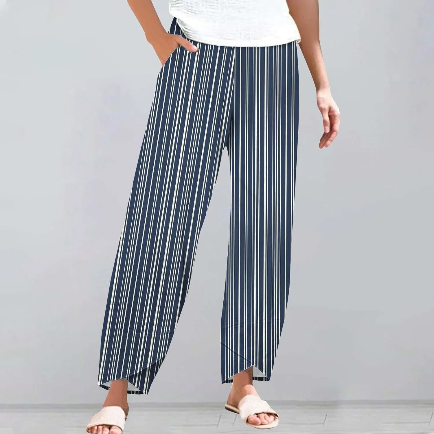 Striped Linen Pants for Women Summer Casual Straight Leg Capri Trousers Beach Relax Cropped Palazzo Pant with Pockets