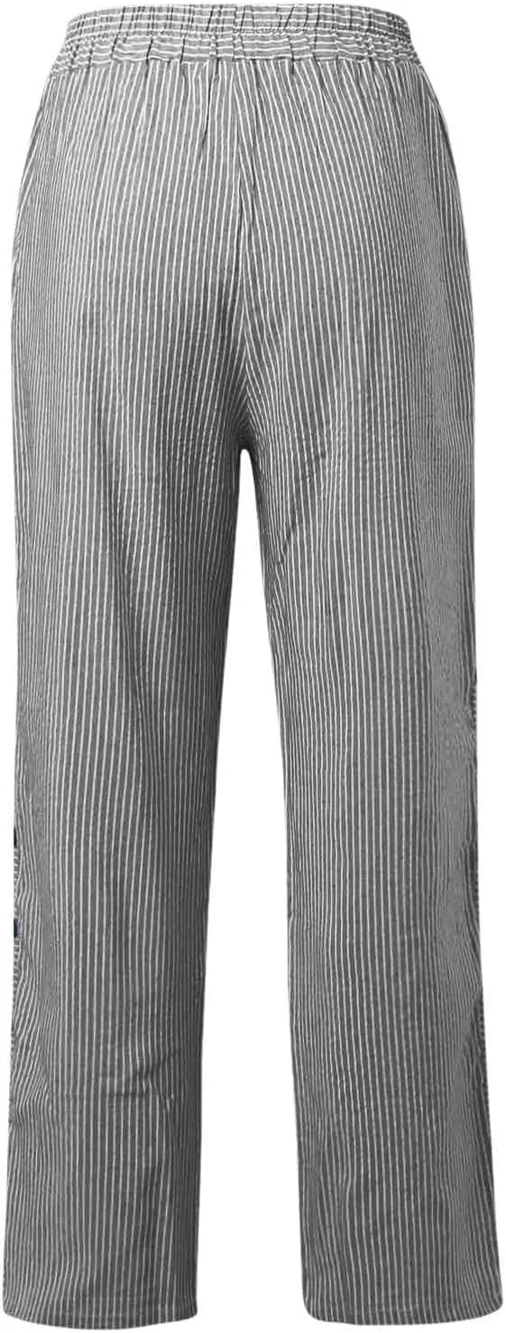 Striped Linen Pants Women Side Button High Waisted Straight Leg Pants Loose Fit Y2k Cotton Casual Pants with Pockets