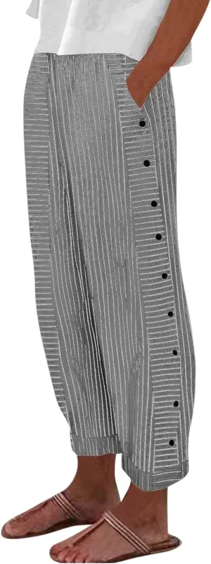 Striped Linen Pants Women Side Button High Waisted Straight Leg Pants Loose Fit Y2k Cotton Casual Pants with Pockets