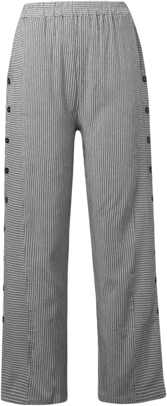 Striped Linen Pants Women Side Button High Waisted Straight Leg Pants Loose Fit Y2k Cotton Casual Pants with Pockets