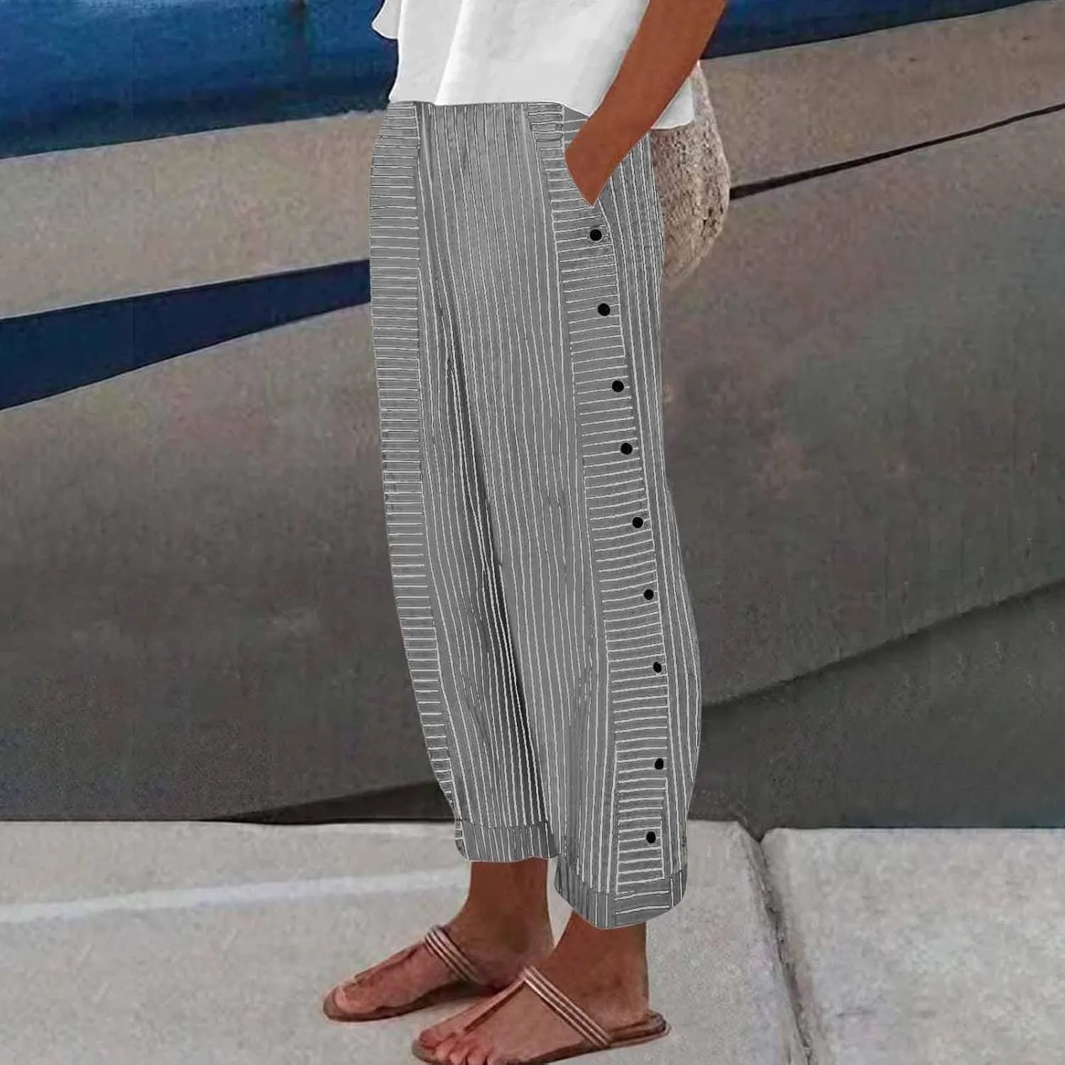 Striped Linen Pants Women Side Button High Waisted Straight Leg Pants Loose Fit Y2k Cotton Casual Pants with Pockets