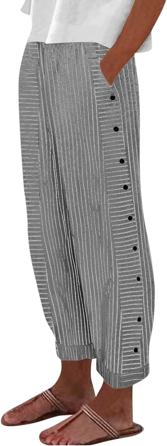 Striped Linen Pants Women Side Button High Waisted Straight Leg Pants Loose Fit Y2k Cotton Casual Pants with Pockets
