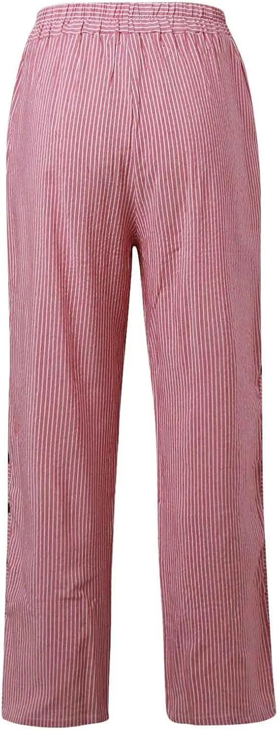 Summer Beach Pants for Women Casual Stiped Drawstring Pants with Pockets Button Side Design Wide Leg Linen Pants for Women